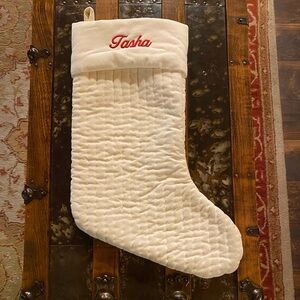 Pottery Barn Cream Quilted Stocking with Red Embroidery
